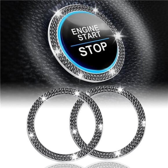 Car Start Button Bling Rhinestone Diamond Button Ring 2-Pack Double Glossy Black - Picture 1 of 7